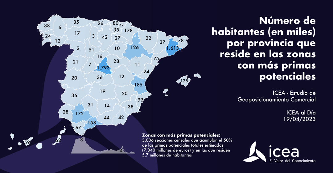 Número de habitantes (en miles) por provincia que reside en las zonas con más primas potenciales Número de habitantes (en miles) por provincia que reside en las zonas con más primas potenciales